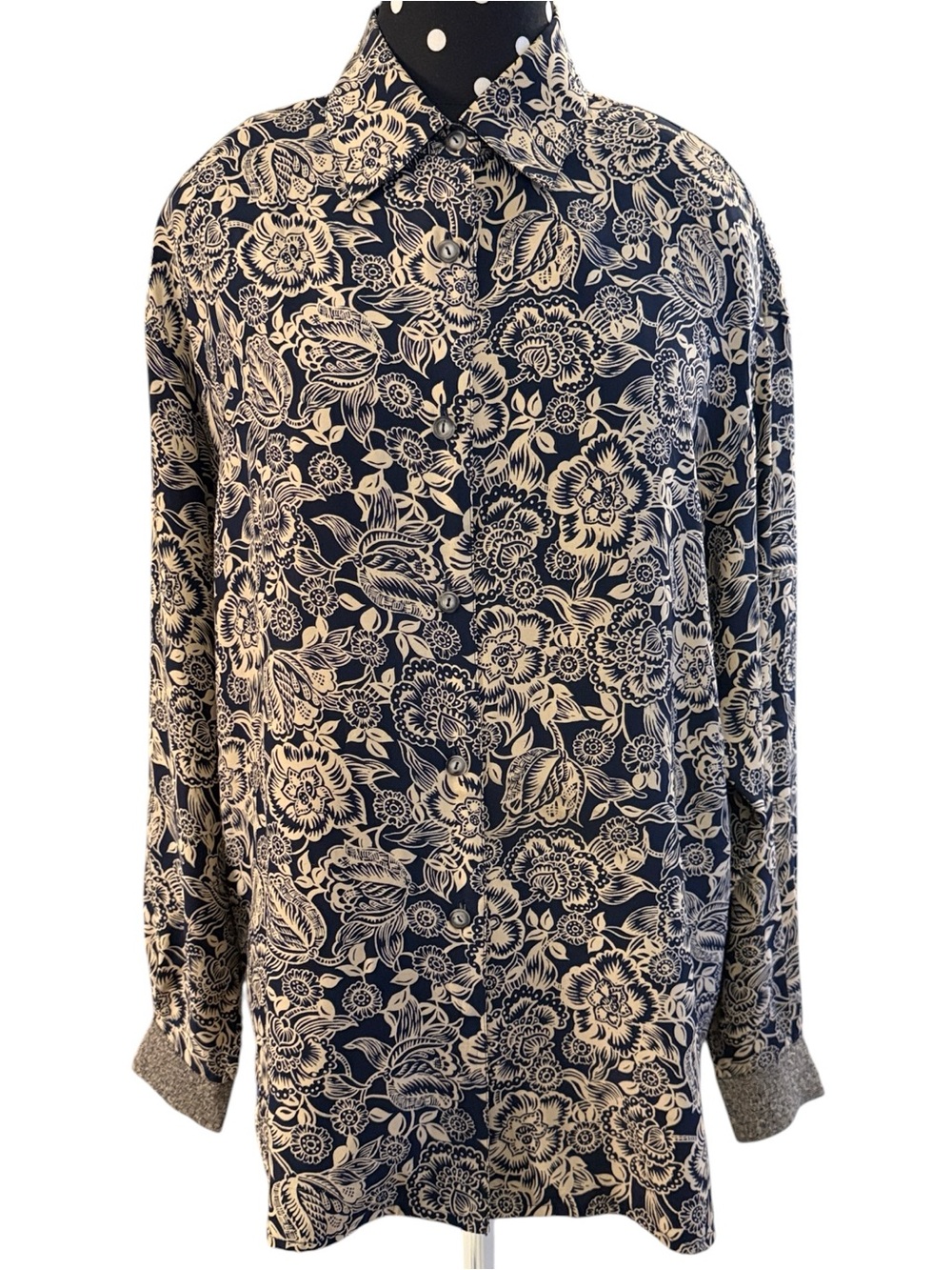 Vintage First Issue 100% Silk Floral Button Front Blouse Black Tan Side Vent Top